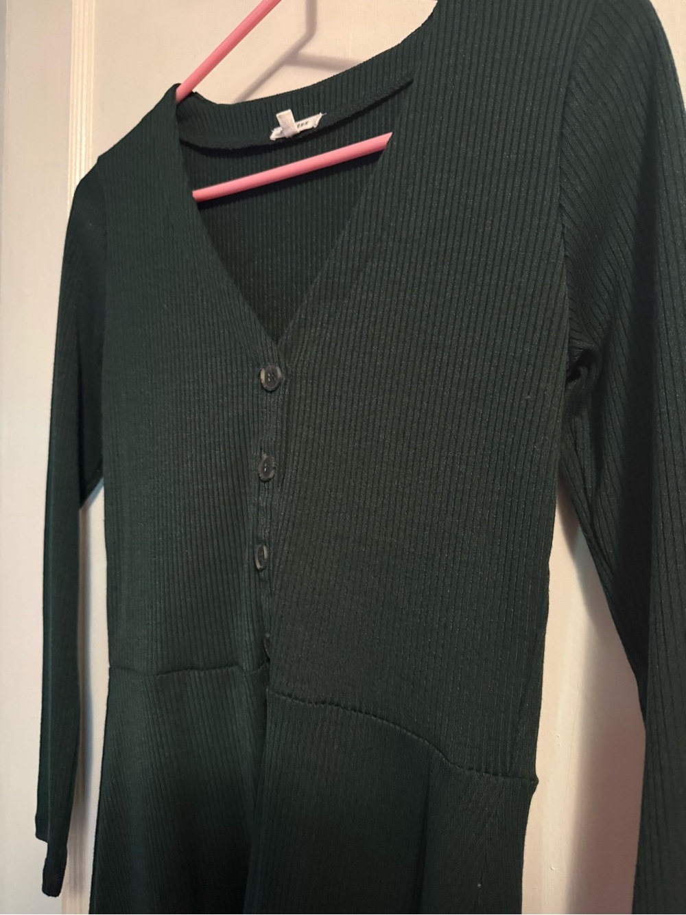 En Creme Dark Green Ribbed Button V-Neck Dress